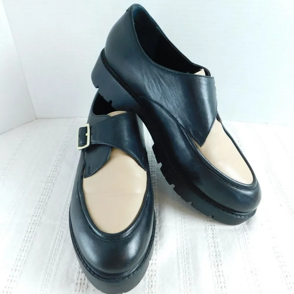 Seychelles Leather Loafers 7.5 Catch Me Black Cream Buckle Shoes Womens Retro